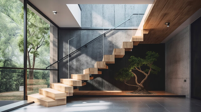 Modern, elegant L shape wood cantilever stair with black granite base staircase, tempered glass panel balustrades, tropical tree in sunlight from window on polished concrete wall, floor background 3D