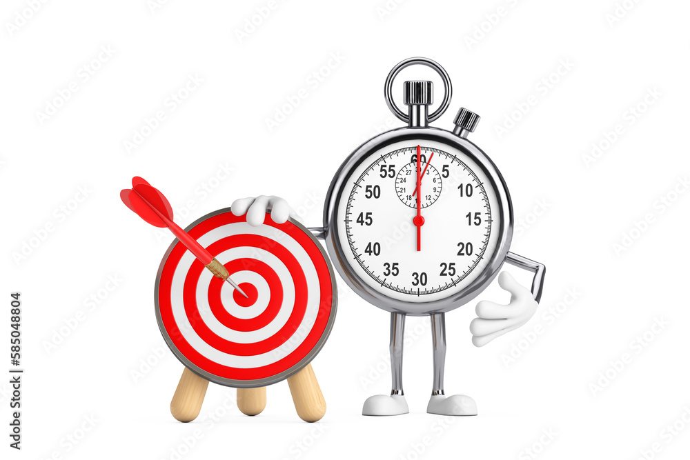 Aufkleber modern stopwatch cartoon person character mascot with archery target and dart in center. 3d renderin