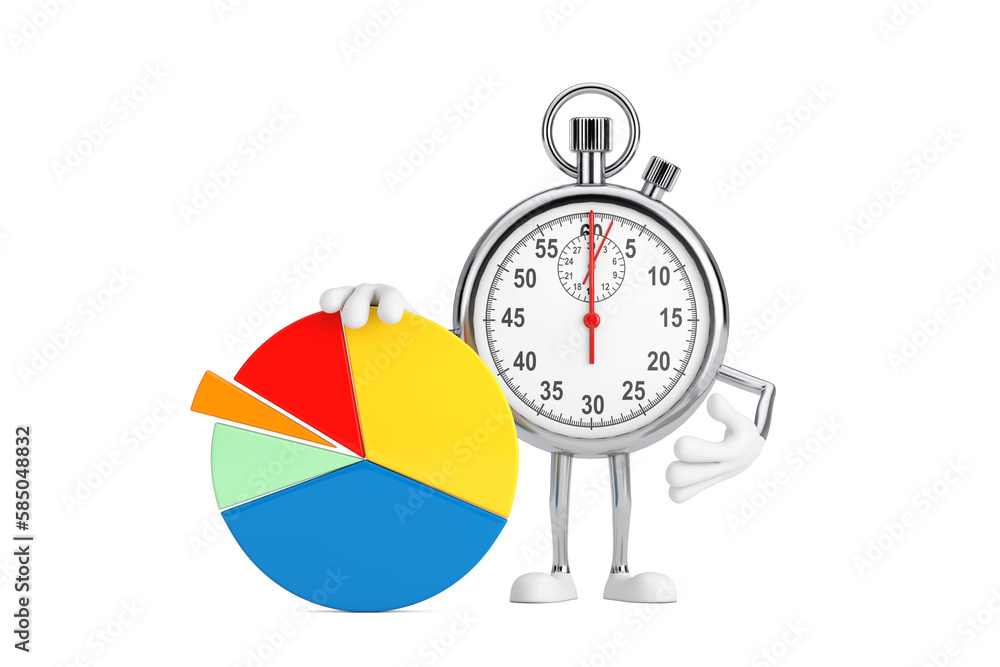 Poster modern stopwatch cartoon person character mascot with info graphics business pie chart. 3d rendering
