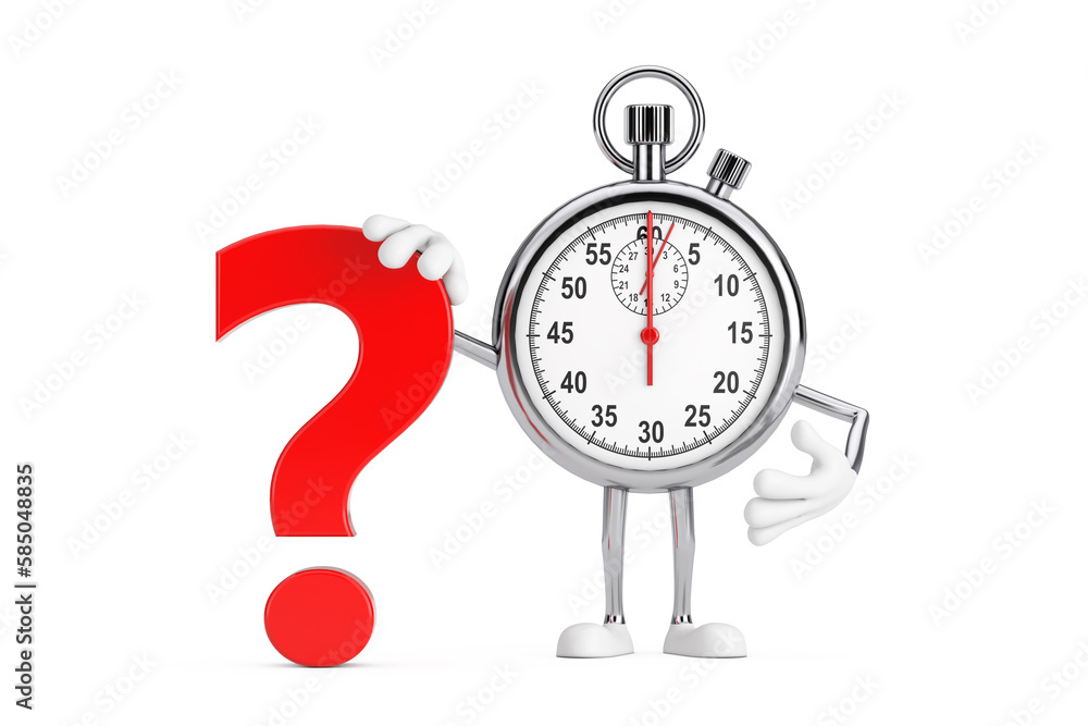 Poster modern stopwatch cartoon person character mascot with red question mark sign. 3d rendering