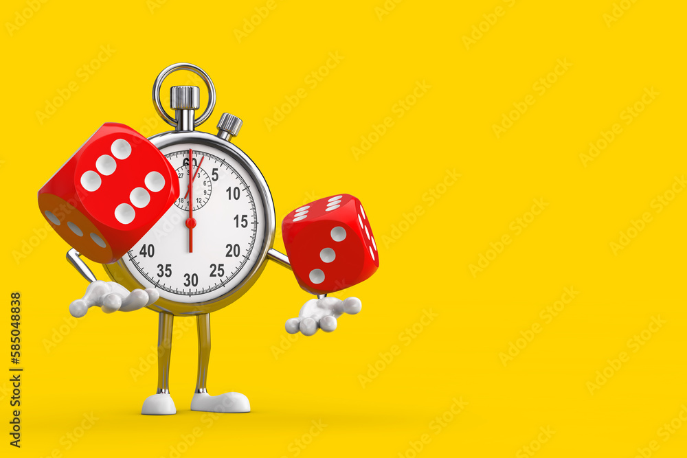 Leinwandbilder modern stopwatch cartoon person character mascot with red game dice cubes in flight. 3d rendering