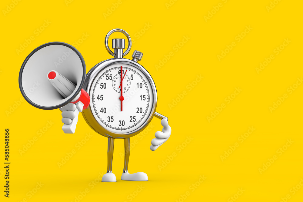 Poster modern stopwatch cartoon person character mascot with red retro megaphone. 3d rendering