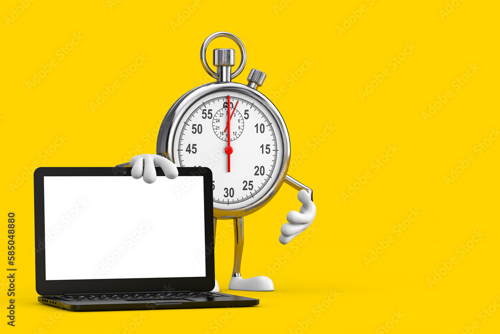 Poster modern stopwatch cartoon person character mascot with modern laptop computer notebook and blank scre