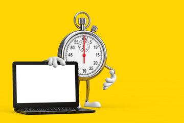 Modern Stopwatch Cartoon Person Character Mascot  with Modern Laptop Computer Notebook and Blank Screen for Your Design. 3d Rendering