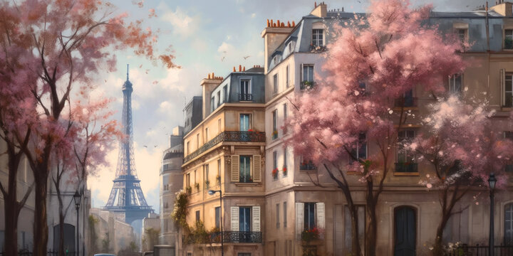 oil painting illustration, paris in the beautiful spring,  cherry blossom trees. Ai Generative
