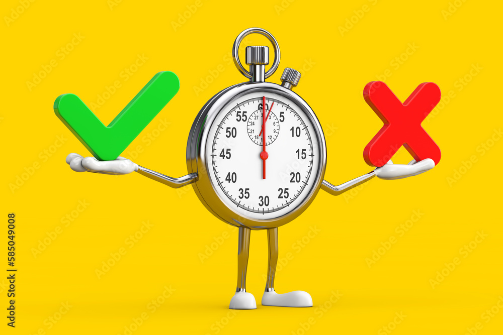 Poster modern stopwatch cartoon person character mascot with red cross and green check mark, confirm or den
