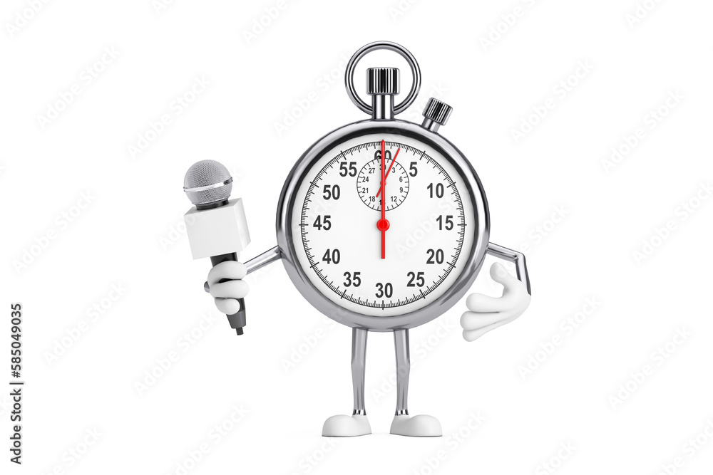 Poster modern stopwatch cartoon person character mascot with modern chrome microphone. 3d rendering
