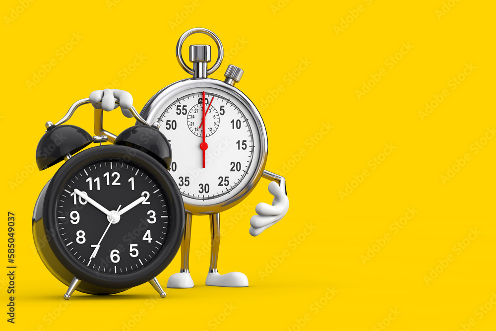 Aufkleber modern stopwatch cartoon person character mascot with alarm clock. 3d rendering