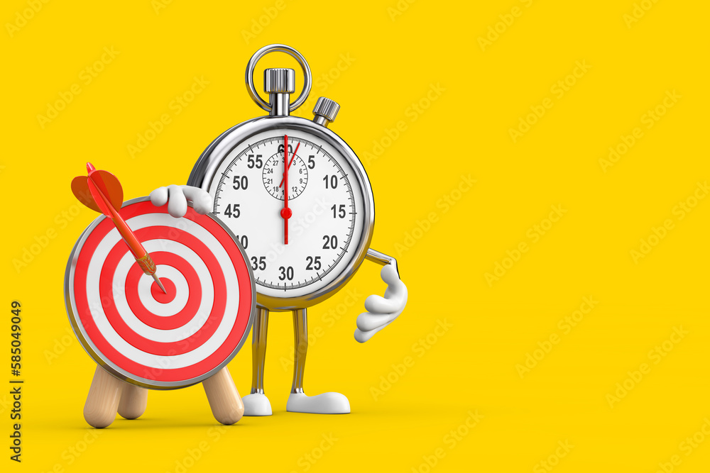 Aufkleber modern stopwatch cartoon person character mascot with archery target and dart in center. 3d renderin
