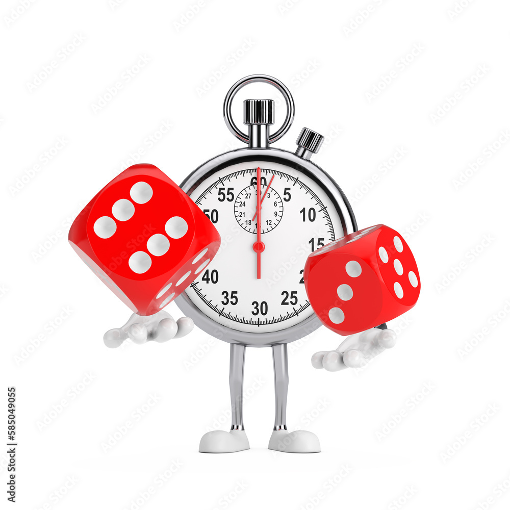 Poster modern stopwatch cartoon person character mascot with red game dice cubes in flight. 3d rendering