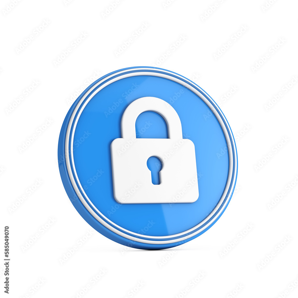 Poster white closed lock icon in blue circle button. 3d rendering