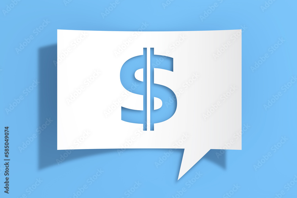 Poster dollar sign icon on cutout white paper speech bubble. 3d rendering