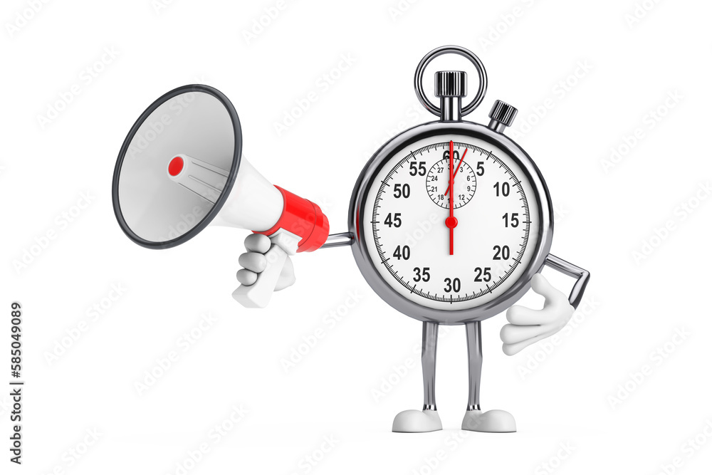 Poster modern stopwatch cartoon person character mascot with red retro megaphone. 3d rendering