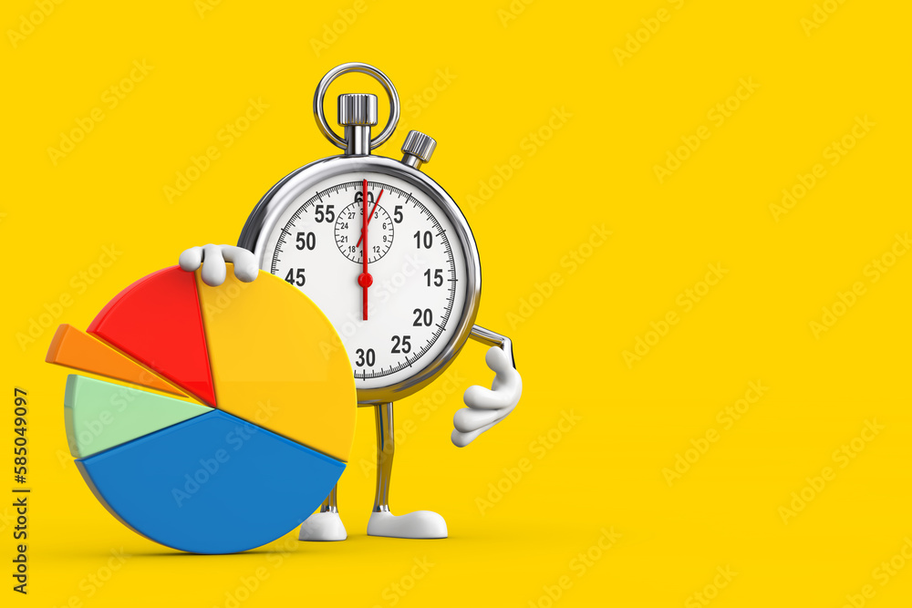 Poster Modern Stopwatch Cartoon Person Character Mascot with Info Graphics Business Pie Chart. 3d Rendering