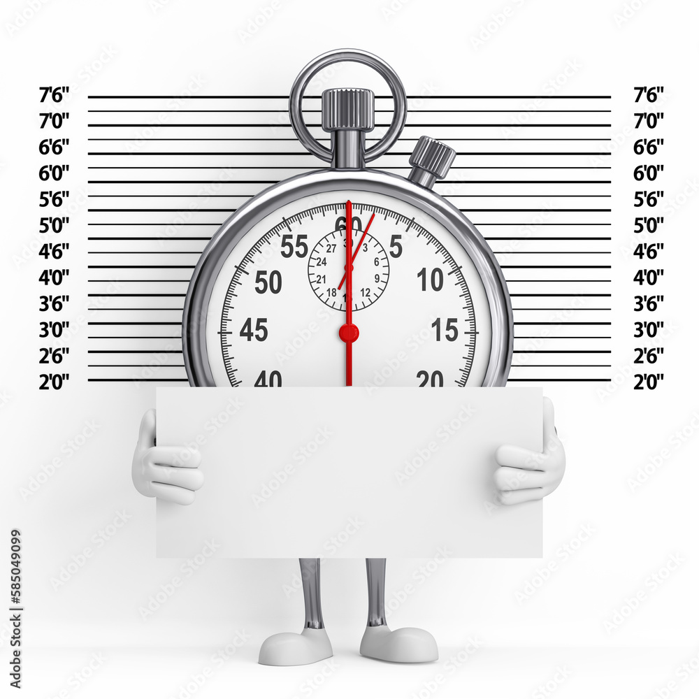 Poster modern stopwatch cartoon person character mascot with identification plate in front of police lineup