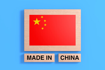 China Flag and Made In China Sign on a Wooden Block. 3d Rendering