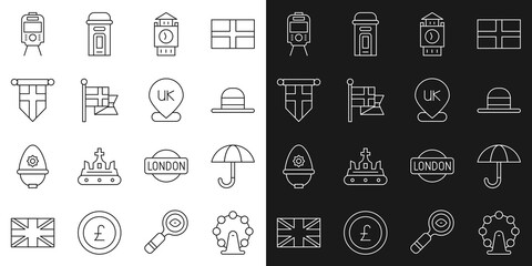Set line London eye, Umbrella, Elegant women hat, Big Ben tower, England flag flagpole, pennant, Tram railway and Location icon. Vector