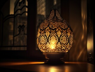 This radiant image showcases a stunning Ramadan lamp, exuding an enchanting aura that perfectly captures the spirit of Eid Mubarak. The intricate design and warm glow of the lamp create a mesmerizing 