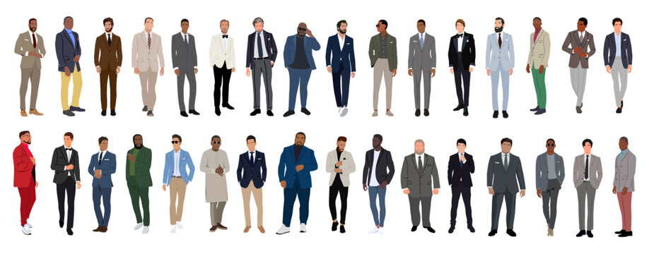 Business men in different poses, walking and standing. Handsome male characters wearing formal suits and smart casual outfit. Multiracial business team. Set of people vector realistic illustrations.