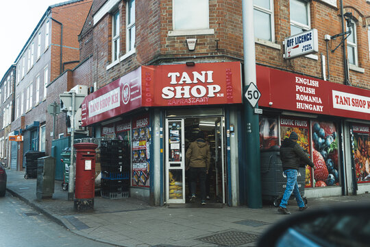02.28.2023 - Nottingham, United Kingdom - English, Polish, Romanian and Hungarian small shop in the corner. High quality photo
