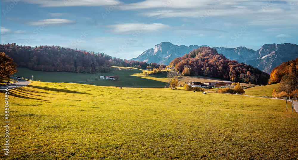 Poster scenic image of swiss alps. panoramic view of idyllic mountain scenery in the alps with fresh green 