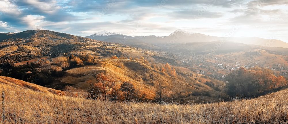 Canvas Prints IIncredible nature scenery. Vivid rolling countryside with fog in the morning light. Awesome alpine highlands in autumn season. Carpathian, Ukraine, Europe. Soft light effect