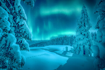 Incredible winter landscape with Northern lights (Aurora Borealis) frosty pine tree under sunlight...