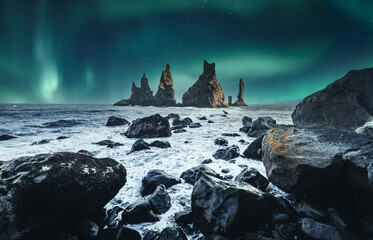 Scenic Image of Iceland. Fantastic nature landscape of Iceland. Incredible seascape with Aurora...