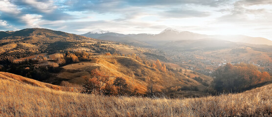 IIncredible nature scenery. Vivid rolling countryside with fog in the morning light. Awesome alpine highlands in autumn season. Carpathian, Ukraine, Europe. Soft light effect