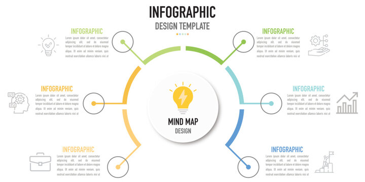 Mind map infographic templae or element as a vector with 6 step, process, option, colorful label, icons, semicircular, circular, branch arrow, for sale slide or presentation, minimal, modern style