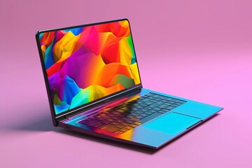 Multicolored open laptop on pink background, color screen -  created with Generative AI technology