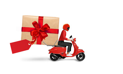 delivery man on scooter and gift box