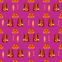 Fototapeta na wymiar Chinese food seamless pattern. Hand drawn different types of asian food in wooden steamers repeating background. Tasty chinese food, delicious har gao, sticky rice, rolls.