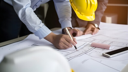 Businessmen are planning budgets for construction projects, analyzing company financial statements, managing global construction project costs.