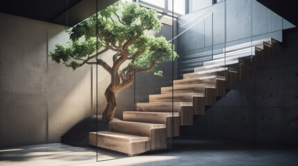Modern, elegant L shape wood cantilever stair with black granite base staircase, tempered glass panel balustrades, tropical tree in sunlight from window on polished concrete wall, floor background 3D