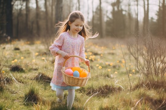 A beautiful holiday landscape, a big beautiful meadow under a clear sky with pastel Easter eggs painted on it and a cute little girl with a basket. Generative AI.