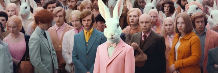 A mass of people and Easter rabbit, huge crowd and close up view of young handsome white bunny who stands out, stand out from crowd, be different and respect differences. Generative AI.