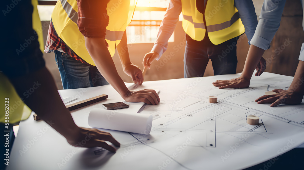 Aufkleber construction of an engineer's or architect's project with partners and on-site engineering tools