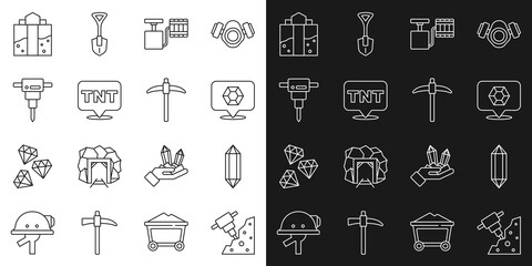 Set line Construction jackhammer, Gem stone, Handle detonator, Dynamite, Mine entrance and Pickaxe icon. Vector