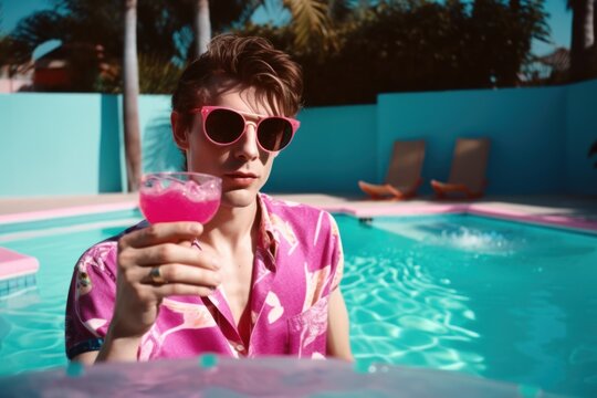 Summer crazy party at the pool, creative concept with lots of drinks, balloons and party with loud music. Young boy with sunglasses. Sunny hot day. Generative AI.