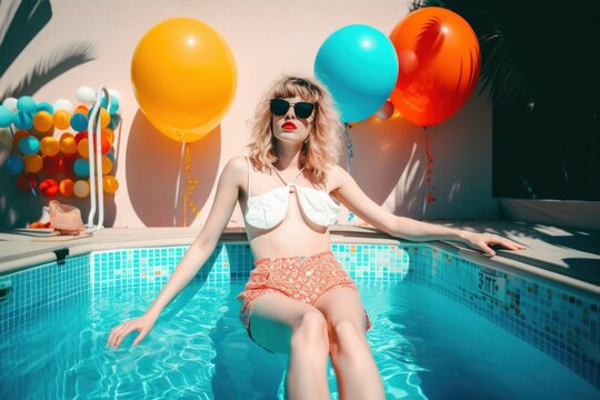 Summer crazy party at the pool, creative concept with lots of drinks, balloons and party with loud music. Young woman with sunglasses. Sunny hot day. Generative AI.