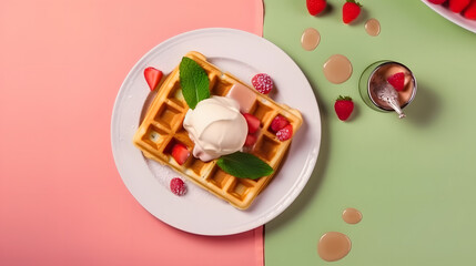 delicious viennese waffles with ice cream, strawberries and syrup on a white square plate and green background. flat lay.
