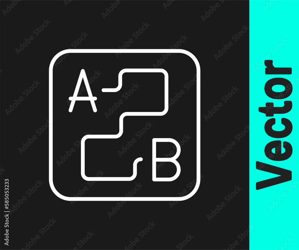 Poster white line route location icon isolated on black background. map pointer sign. concept of path or ro