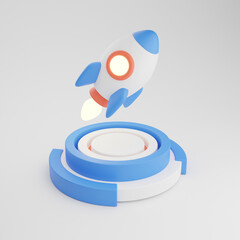 A spaceship rocket isolated on a stage. Startup, space, business concept. 3D illustration.
