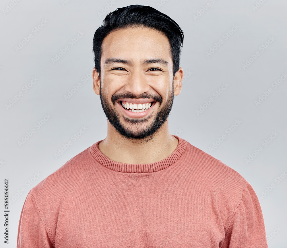 Sticker Face portrait, smile and happy Asian man in studio isolated on a white background or backdrop. Funny, fashion and young, confident and proud, handsome male model or person with positive mindset.