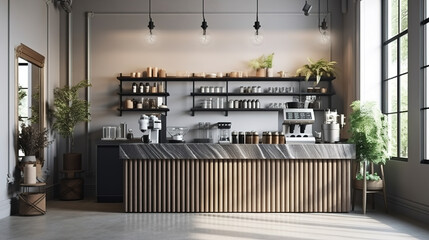 Modern, luxury design cafe, corrugated counter with espresso machine, cake display fridge, cabinet, shelf and plants in sunlight from window on white wainscot wall Created with generative AI tools