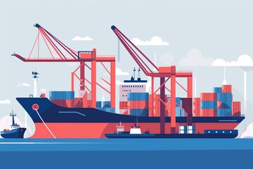 illustration of a cargo ship at an industrial port, transporting goods, with cranes and containers, in a blue and red color scheme. generative ai - obrazy, fototapety, plakaty