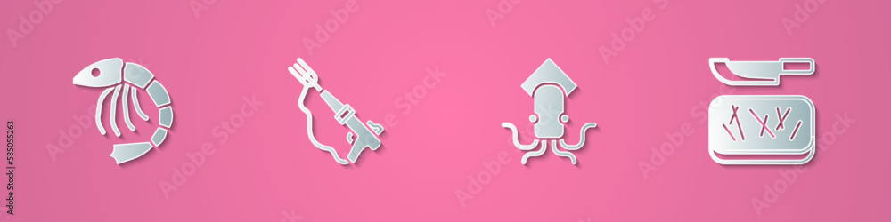 Wall mural Set paper cut Shrimp, Fishing harpoon, Octopus and Cutting board and knife icon. Paper art style. Vector