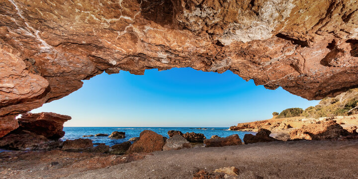 Panoramic view of the Mediterranean Sea from La Renegà Cave in Oropesa del Mar, Spain
