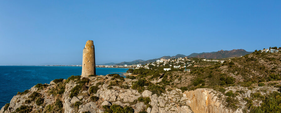 Panoramic View of Torre Colomera and the Mediterranean Sea in Oropesa del Mar, Spain